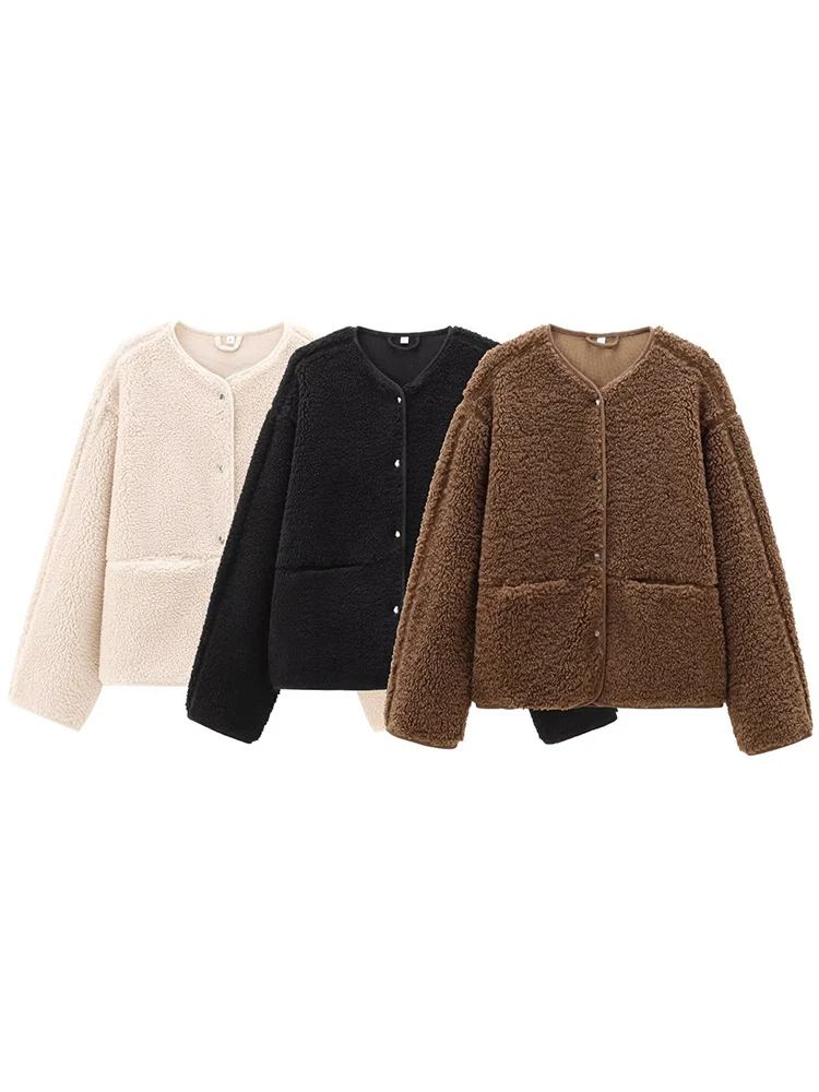 Novas mulheres sólido outono solto casaco quente high street teddy velo botão até jaqueta curta feminina casual moda casacos de pele do falso