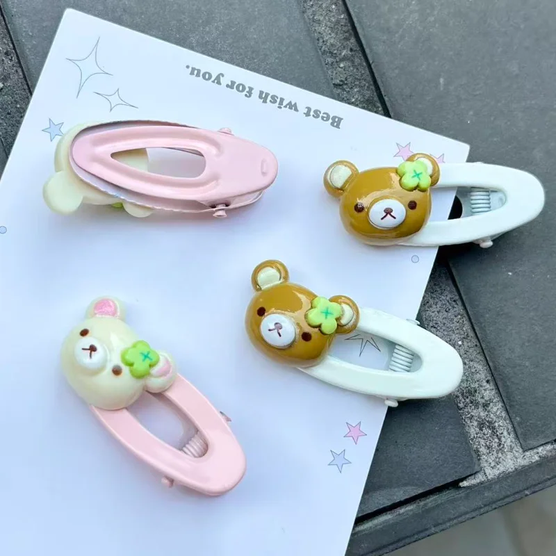 New Cartoon Rilakkuma Hairpin Cute Four Leaf Clover Bear Brother Ellipse Bb Hairpin Girl Sweet Hair Accessory Friend Party Gift - view 2