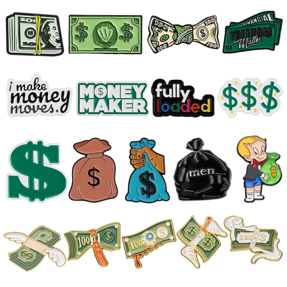 Dollar Bills Metal Brooch Money Bag Wings Gold Coin Lapel Pins Skull Roll Paper Fully Rich Jewelry Punk Badge Gifts For Friends