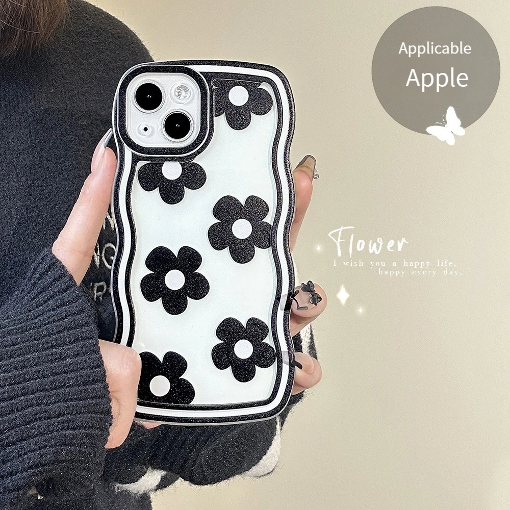 Black Flower Pearl Lange Phone case For iPhone 14 13 12 11 Pro Max 14PLUS X XS XR 7 8 Plus SE2 2020 transparent Soft case