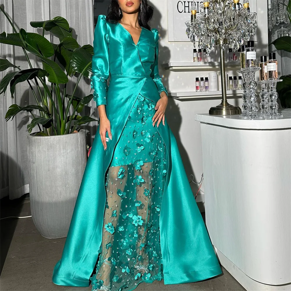 CustomizedA-lien Satin Patchwork V Neck Illusion Lace Evening Party Dresses Long Sleeve 3D Appliques Prom Gown فساتين سهرة فخمه