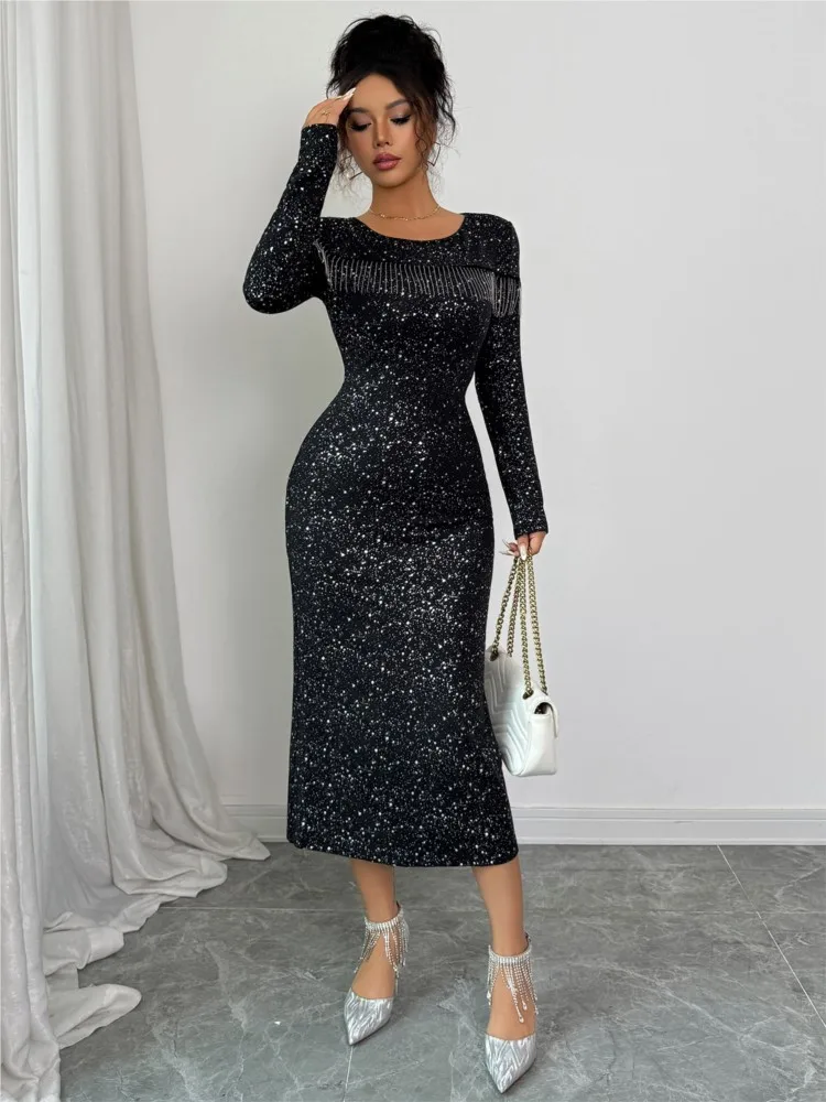 새로운 가을 겨울 우아한 스팽글 라운드넥 긴팔 슬림 여성 블랙 드레스, 파티 클럽 이브닝 여성 바디콘 미디 드레스
