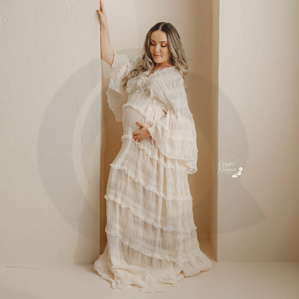 Maternity Photoshoot Outfit For Women Long Sleeve Ruffles Pleated Chiffon  Boho Princess Dress For Photo Shoot Baby Shower