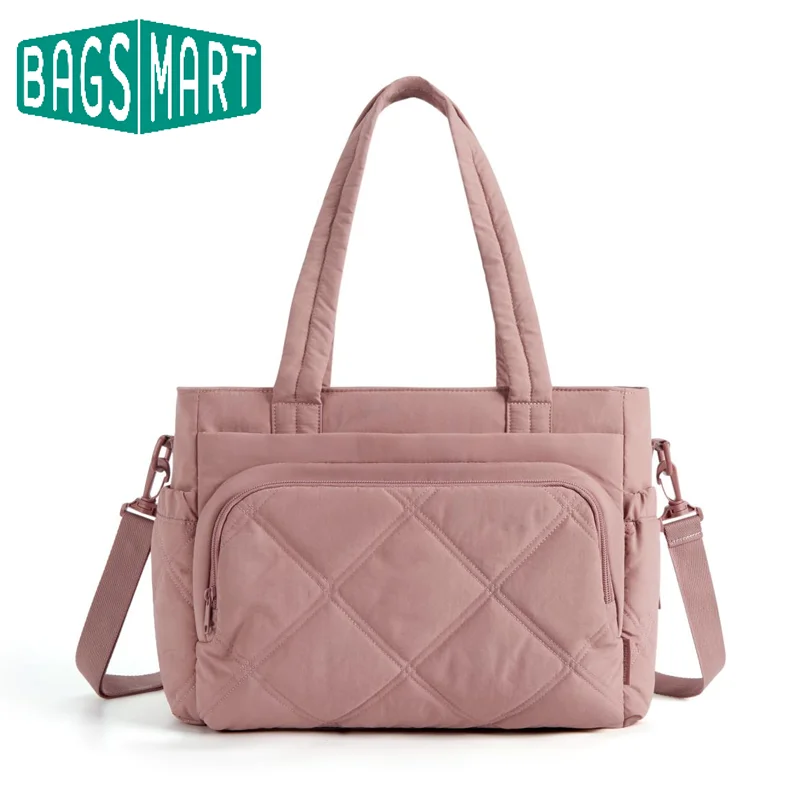 

BAGSMART Women Shoulder Bag Travel Storage with Large Lunch Box Insulated Tote Multi-Pockets Quilted Puffy Mommy Handbag