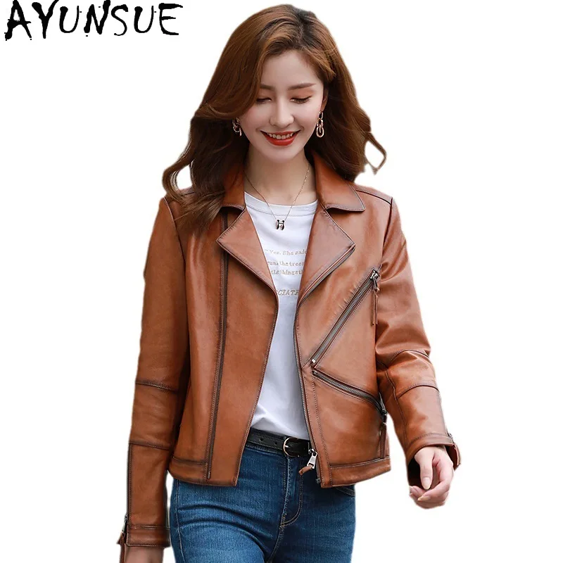 سترة من الجلد الحقيقي للنساء من AYUNSUE 2025 معاطف للدراجات النارية من جلد الغنم الأسود جديدة في ملابس خارجية ملابس ربيع الخريف كوسوهها Жenška
