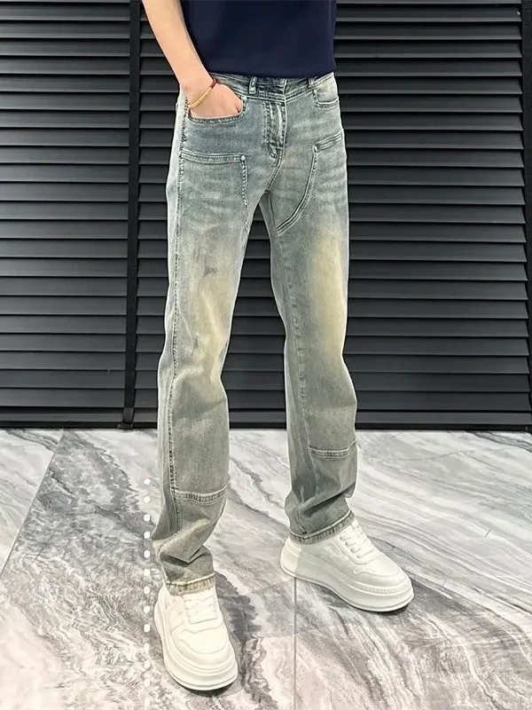 

Новые мужские джинсы прямого кроя с высокой талией, в стиле пэчворк, винтажные, модные, весенние, легкие, премиум-класса, повседневные брюки