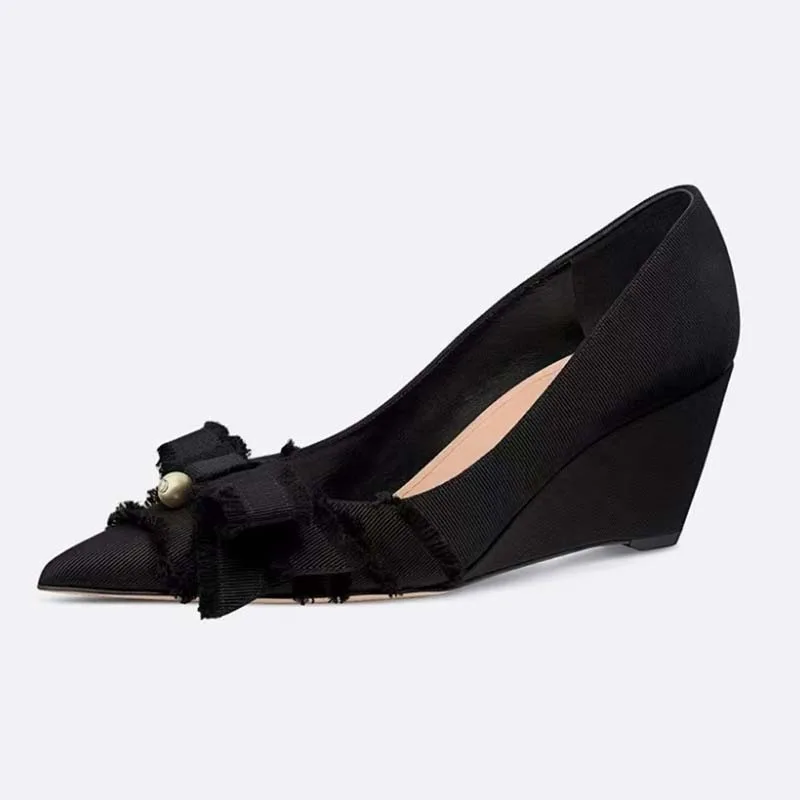 

Vintage Fashionable Pointed Toe High Heels Pearl Tassel Bow Stiletto Pumps Mary Jane Wedge Women Shoes Sandalias Mujer Verano