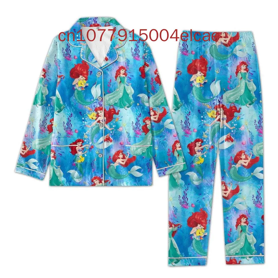 2024 New Disney Princess Ariel Pajama Set 3D Printed Casual Men\'s and Women\'s Long Sleeve Shirt Pajama Set