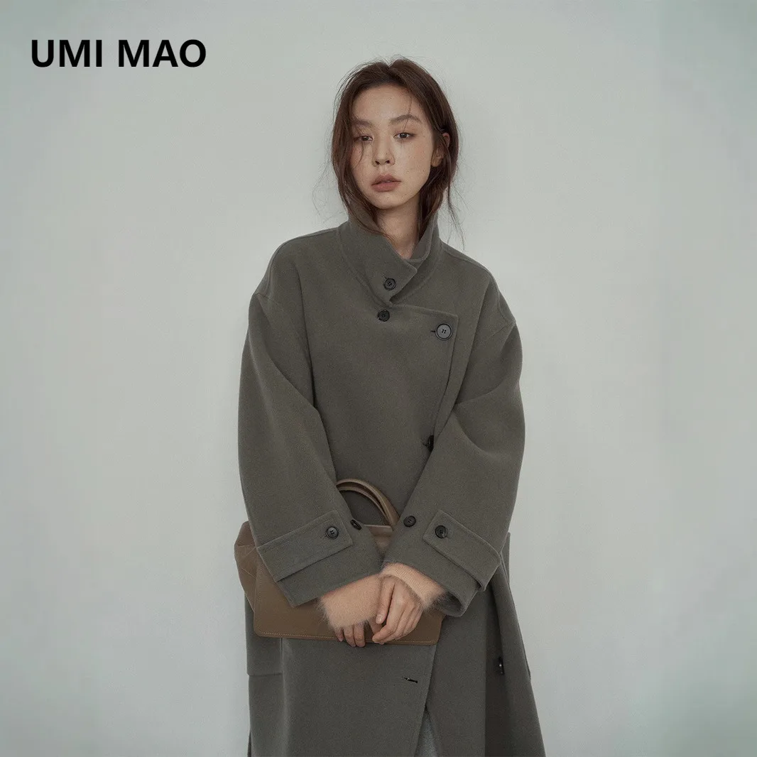 

UMI MAO женское пальто в корейском стиле, зимнее пальто с воротником-стойкой, элегантное утолщенное двустороннее шерстяное пальто для женщин