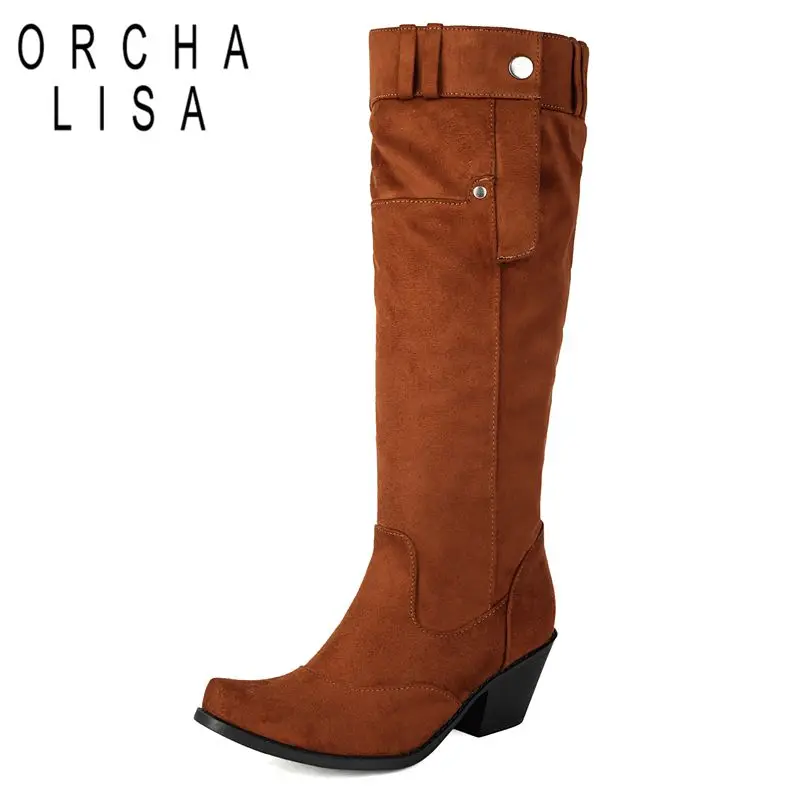 

ORCHA LISA 2025 Leisure Daily Female Knee High Boots Square Toe Block Heel 6cm Slip On Flock Suede Plus Size 41 42 43 Daily Bota
