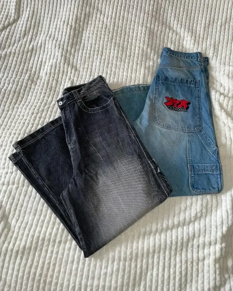 Calça larga Harajuku Hip-Hop masculina e feminina, gráfico retrô da caveira, calça jeans larga bordada, gótica, cintura alta, nova, Y2K