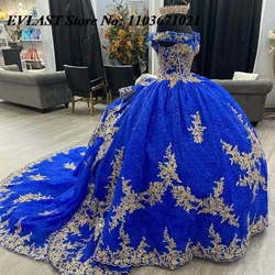 EVLAST Customized Royal Blue Quinceanera Dress Ball Gown Gold Lace Applique Beading Tiered Sweet 16 Vestidos De XV 15 Anos SQ14