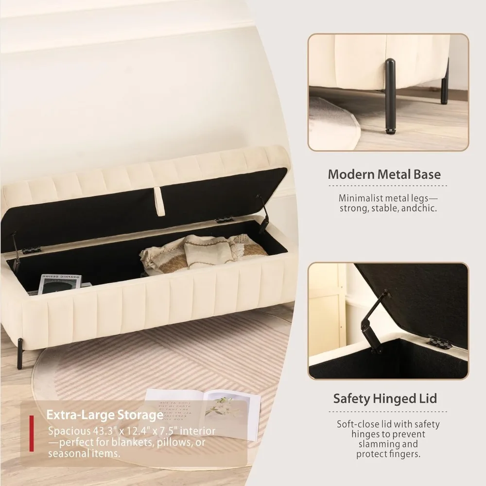 Bangku Penyimpanan Kamar Tidur: Ottoman Beludru Beige Ukuran 49.2 Full/Queen untuk Penyimpanan Sepatu dan Pintu Masuk