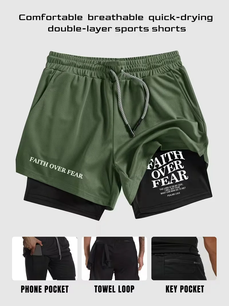 Men's gym double-layer shorts with pockets, quick drying, breathable and durable, can hold towels and mobile phones