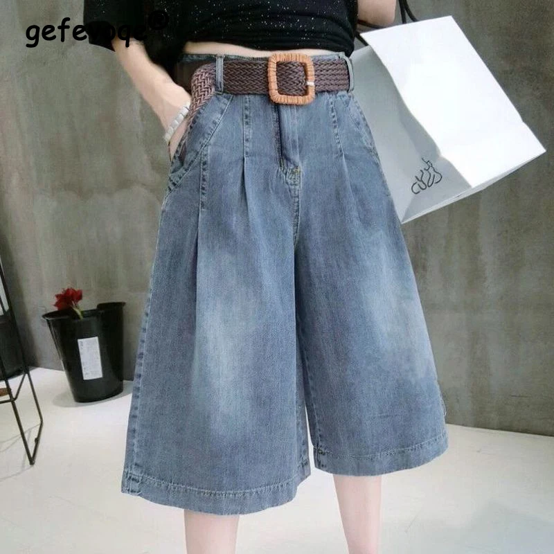 Women Summer Trendy Vintage Casual Streetwear Y2K Capris Jeans High Waist Straight Wide Leg Denim Short Pants Loose Pantalones