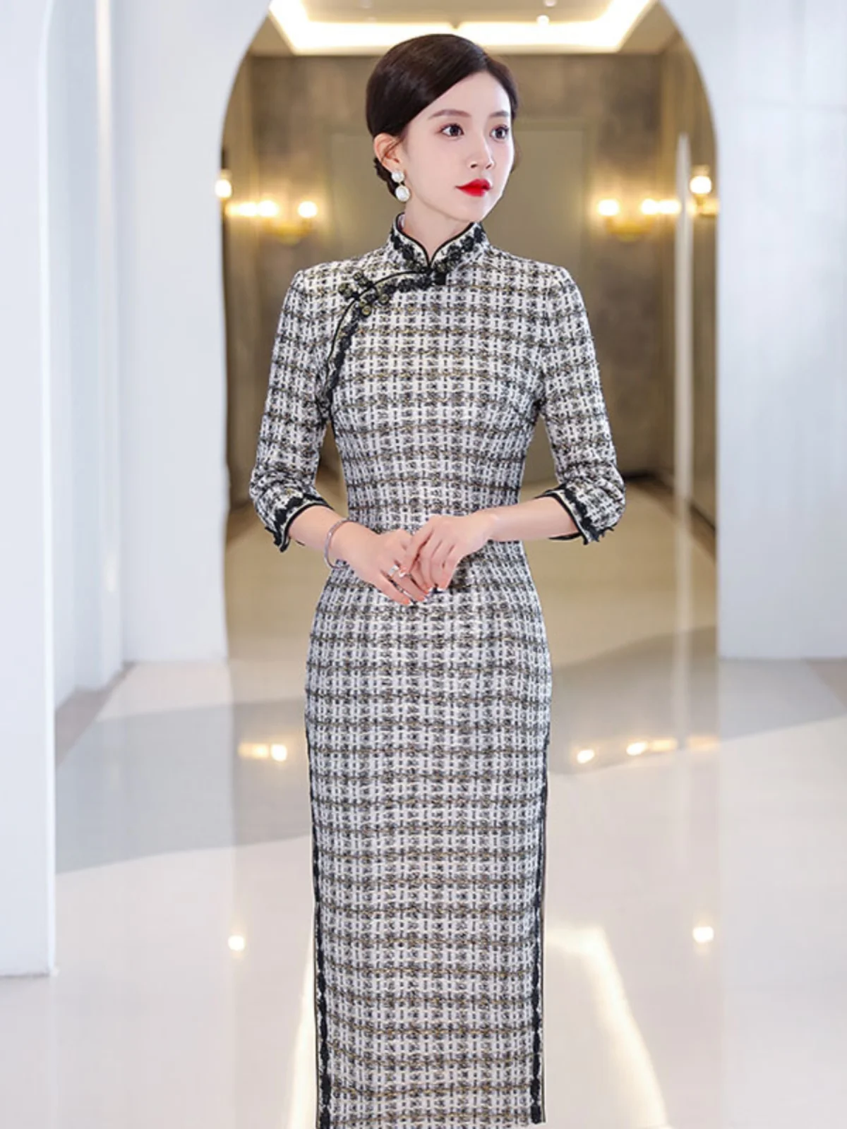 

Ele винтажная шерстяная клетчатая миди Qipao Dr, женская облегающая повседневная одежда, роскошная легкая зимняя мода от Po Faion