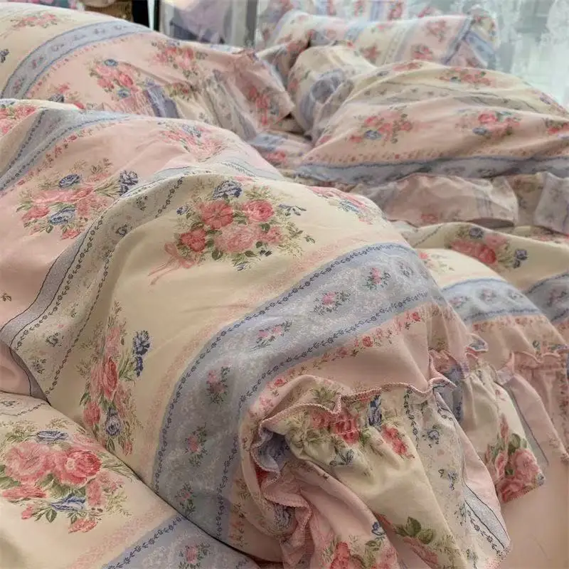 Koreanischen Stil Prinzessin Floral Bettwäsche Set Gewaschene Baumwolle Vintage Französisch Pastoralen Blumen Spitze Rüschen Bettbezug Set Kissenbezug – Detail 3