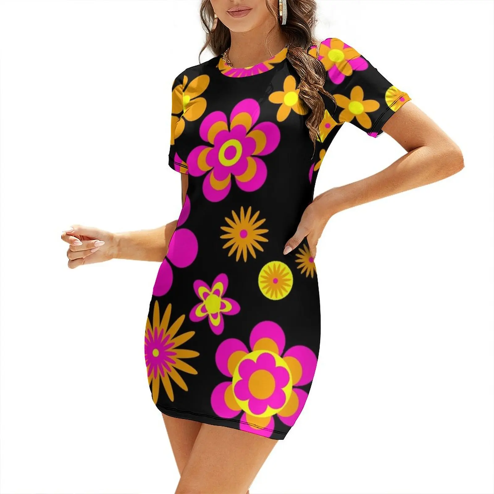 Seventies Look Floral Pattern 3 Black Background Short Sleeved Dress birthday dress for women luxury 2024 elegant women's sets