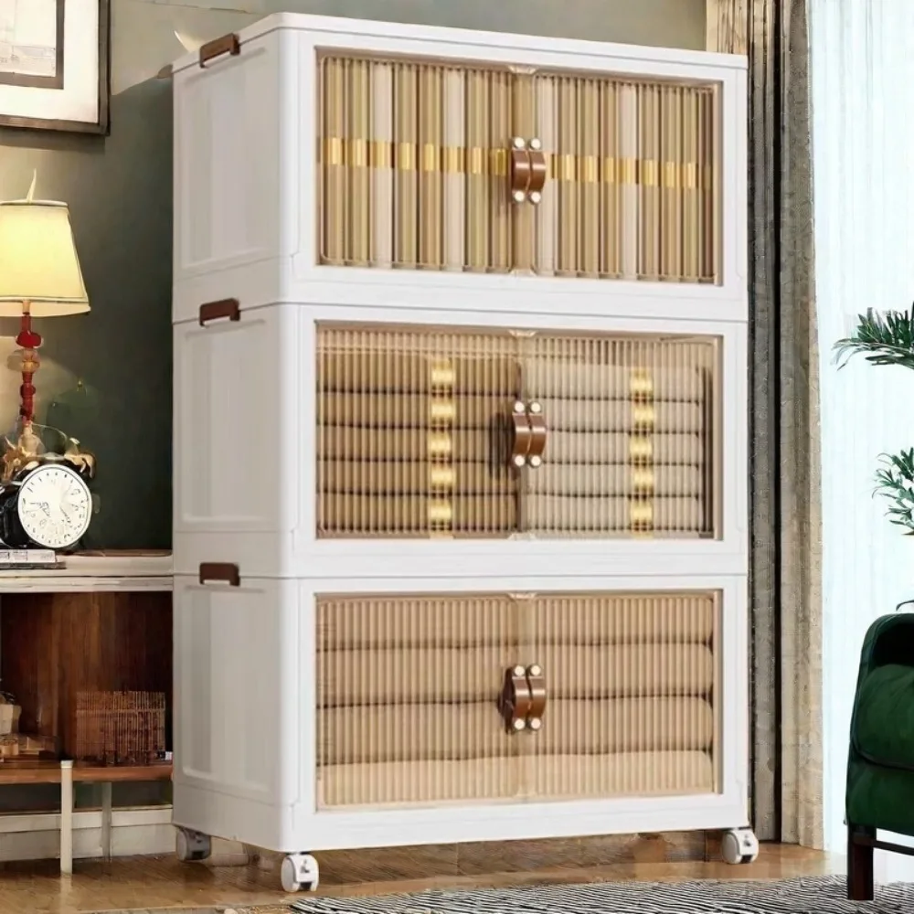 

3 Tier Stackable Storage Boxes with Rolling Drawers Space Saving Foldable Design for Easy Closet and Book Organization