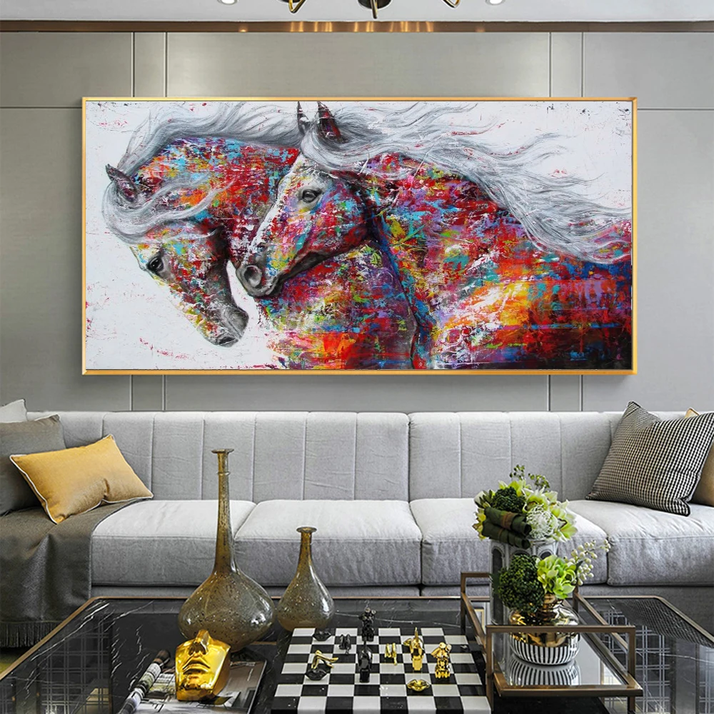 Large-sized frameless canvas paintings,Pop Art Two Running Horses Canvas Wall Art Graffiti Abstract Colorful Horses Poster Moder