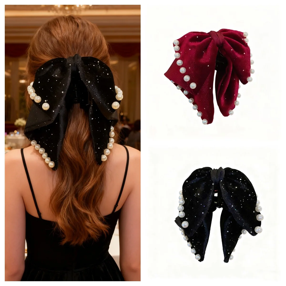 

1 шт., женские осенне-зимние бархатные заколки для волос с рождественским бантом и жемчугом, праздничные повседневные аксессуары для волос, стильные волосы