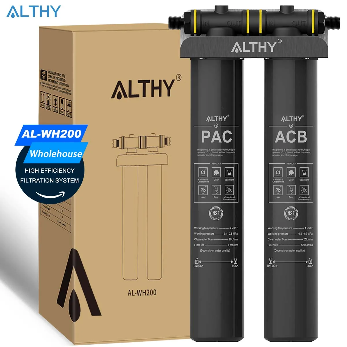 ALTHY Sistema purificador de filtro de agua para toda la casa/comercial, certificado para eliminar plomo, cloro, plántulas, productos químicos y