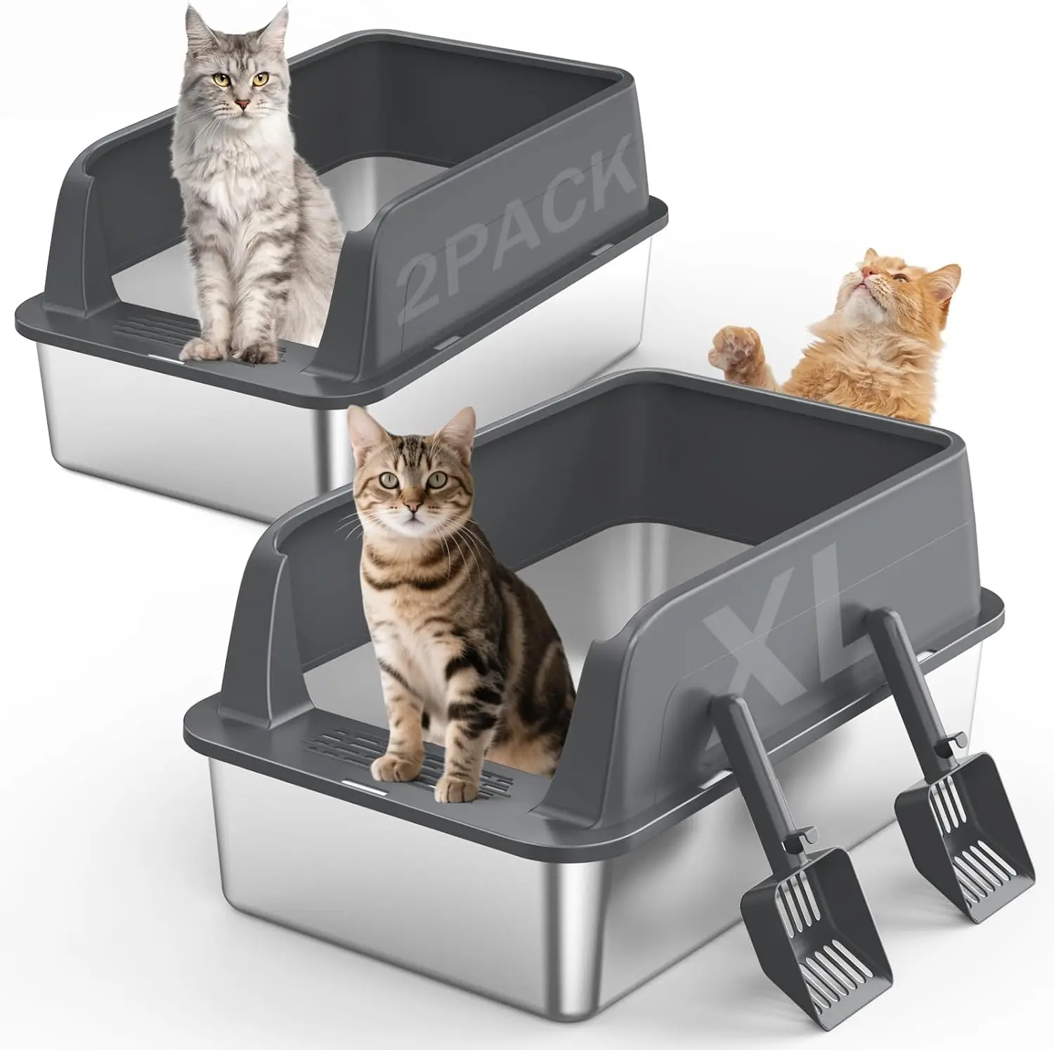 

2-Pack Extra Large Stainless Steel Cat Litter Box with Lid, High Sides, Anti-Leak, Non-Stick, Scoop Included for Big Cats