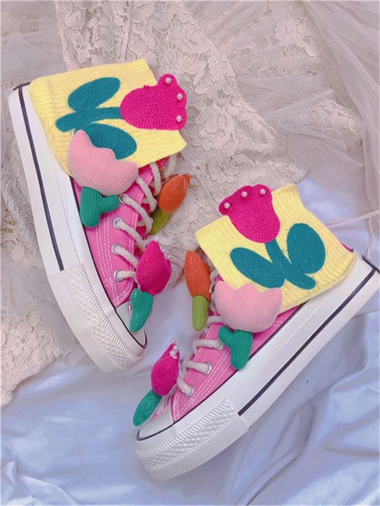 Women Shoes Custom Design For Lady Party Canvas Handmade Flower Cute Pink Pearls Sneakers Adult Shoes