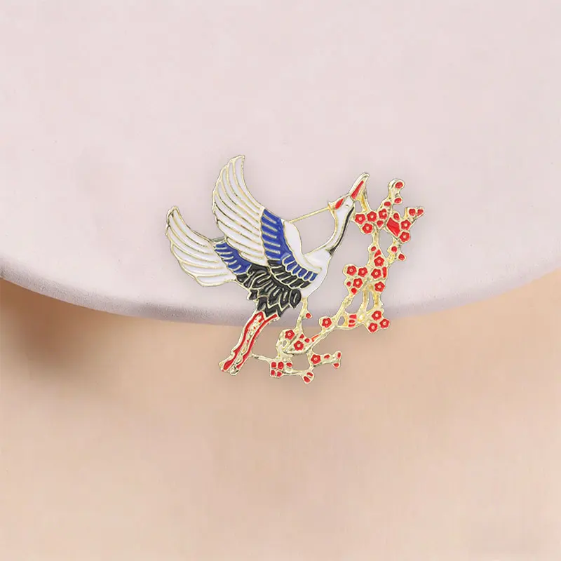 Vintage Chinese Crane Plum Blossom Enamel Pins Auspicious Red-crowned Crane Traditional Culture Brooch Lapel Badge Jewelry Gift