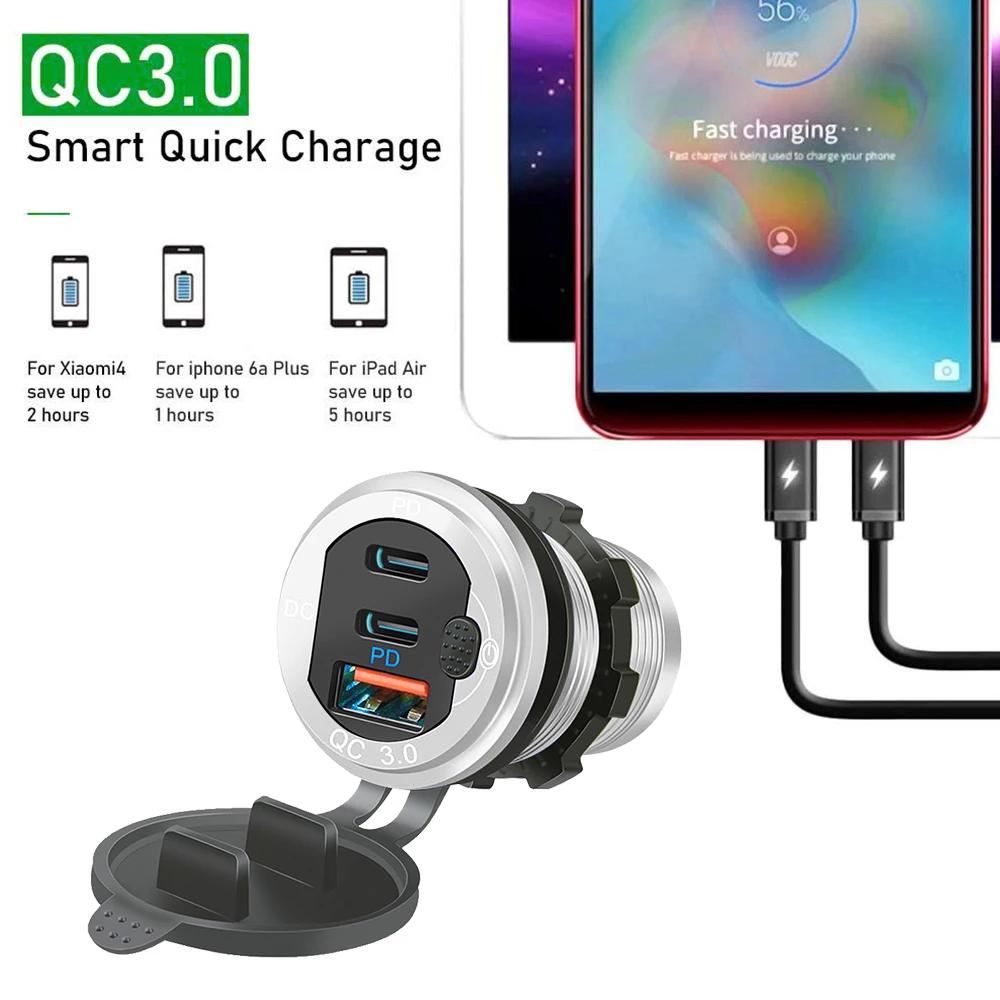 12V/24V USB Car Charger Socket PD3.0 & QC3.0 Type-c Ports Waterproof with LED Touch Switch 115W Fast Charging Car Moto Adapter