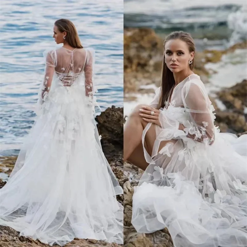 White Tulle Women Prom Dress Full Sleeves 3D Flower Wedding Bridal Party Robes Split Evening Gown Sleepwear Customized Skirt