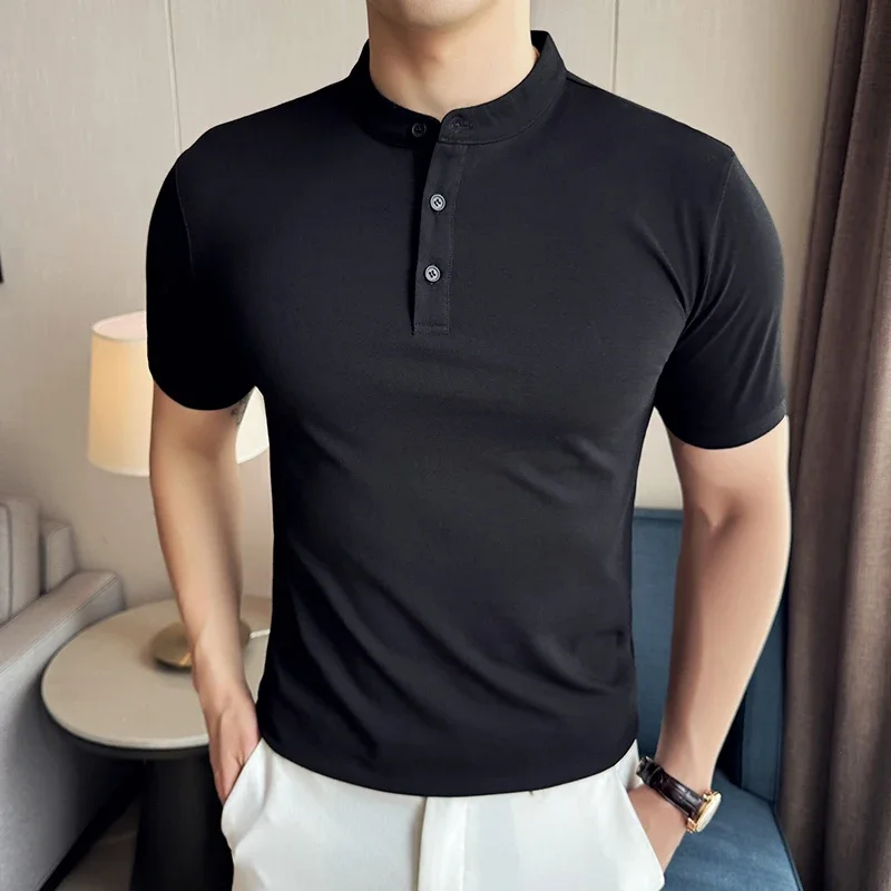 Men Chinese Standing Neck Polo Shirt 2024 Summer New Thin Solid Color Casual Short Sleeved Elastic Slim Fit T-shirt Men Clothing