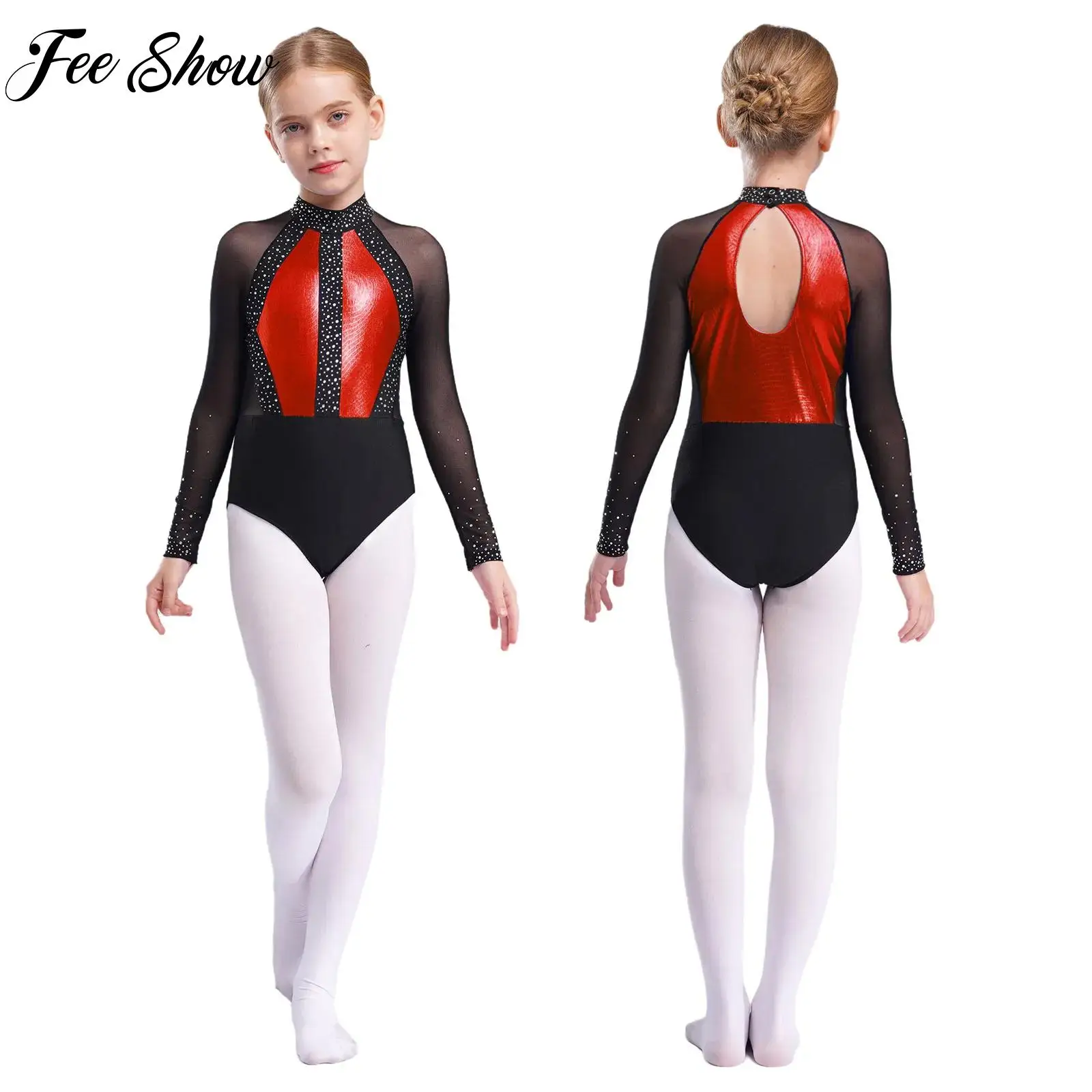 

Kid Girl Long Sleeve Ballet Gymnastics Dance Leotard Bodysuit Figure Skating Performance Costume Rhinestones Sheer Mesh Bodysuit