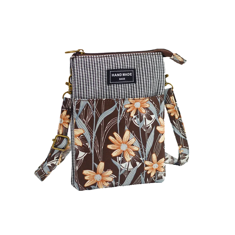 Women\'s Cotton Floral Striped Shoulder Cross-body Bag Brands 2024 Ladies Handbag Female Small Phone Purse Money Pouch for Girls