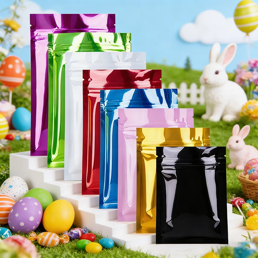 100 Stück bunte Ostern-Aluminiumfolien-Ziplock-Beutel, wiederverschließbare Mylar-Süßigkeitenbeutel für Partygeschenke, Geschenkverpackungen, Snack-Aufbewahrung
