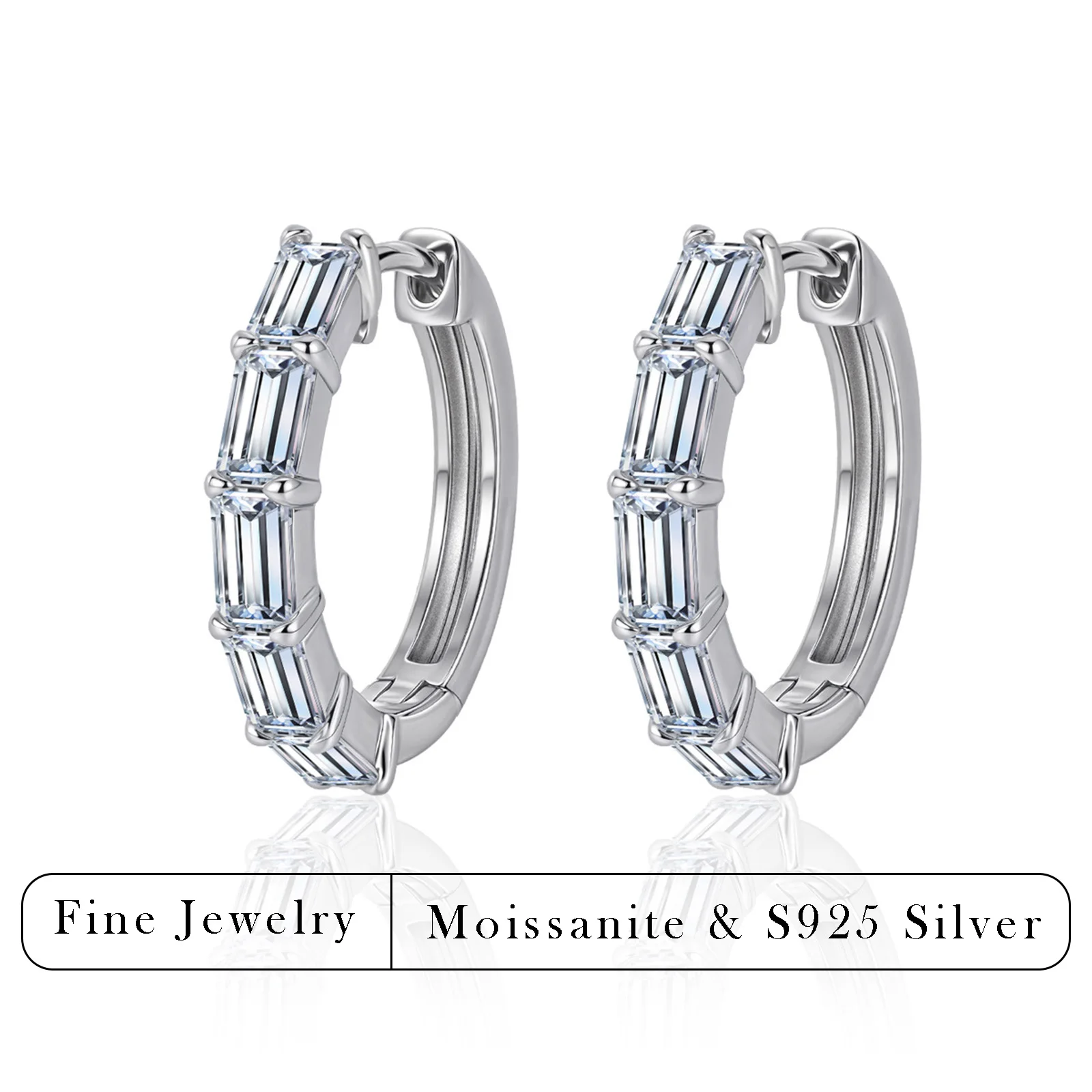 

Серьги-кольца из серебра 925 пробы с покрытием из белого золота и муассанитом багетной огранки для женщин, роскошные сверкающие серьги-хагги, ювелирные украшения для вечеринок