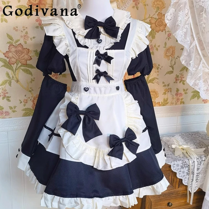 

Japanese Sweet Dress for Women High Waist Cos Maid Lolita Subcultural Dress Female Summer Short Sleeve Cosplay Dress