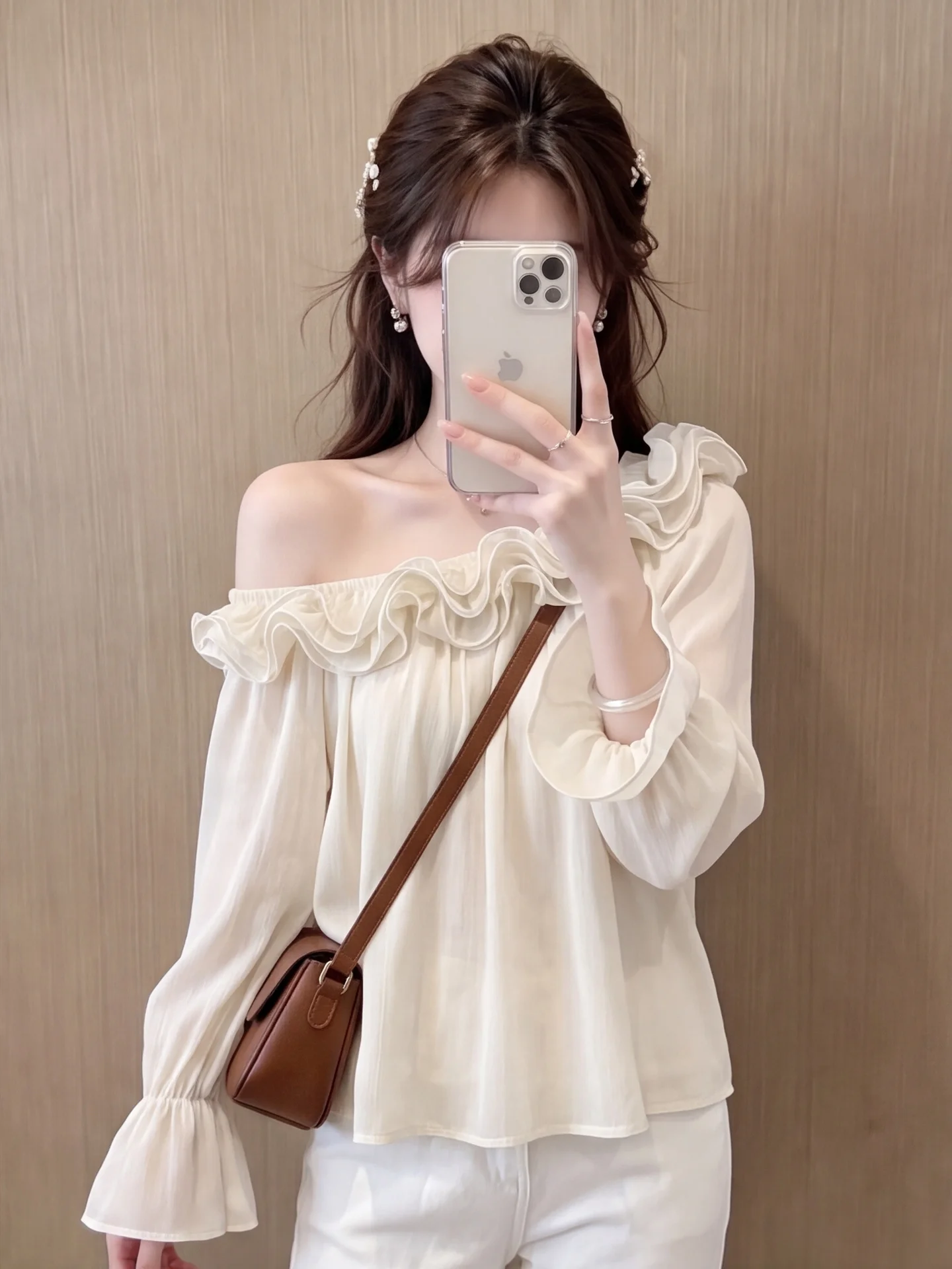 Elegant Loose Women's Summer Shirt Shoulder Bared Chiffon Long Sleeve Bell Sleeve Casual Korean Style Fashionable Slimming
