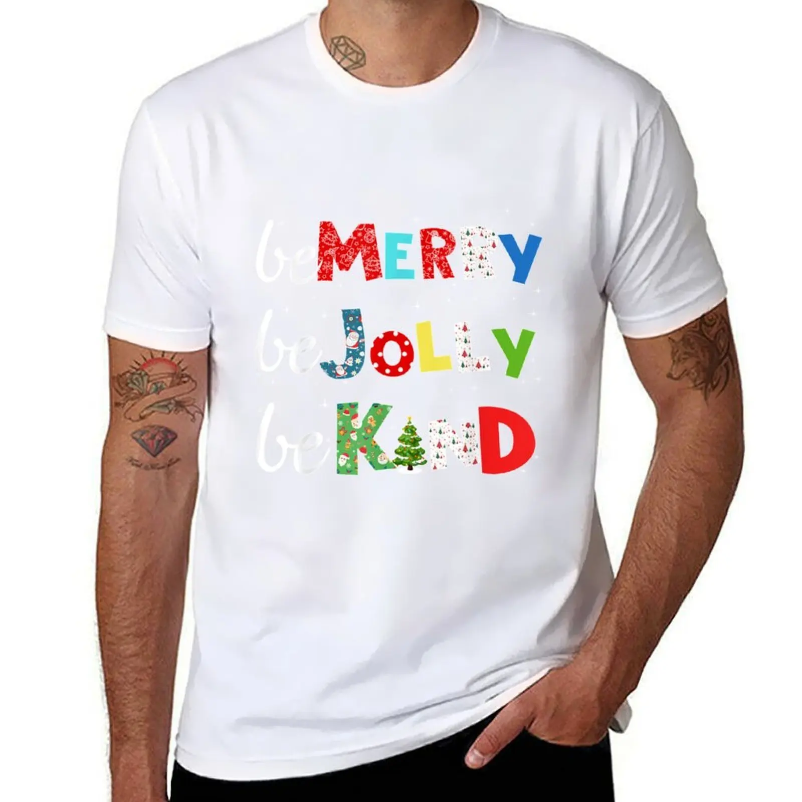 Camiseta Be Merry Be Jolly Be Kind con diseño de árbol de Navidad para hombre, camisetas 100% de algodón para hombre, camiseta gráfica