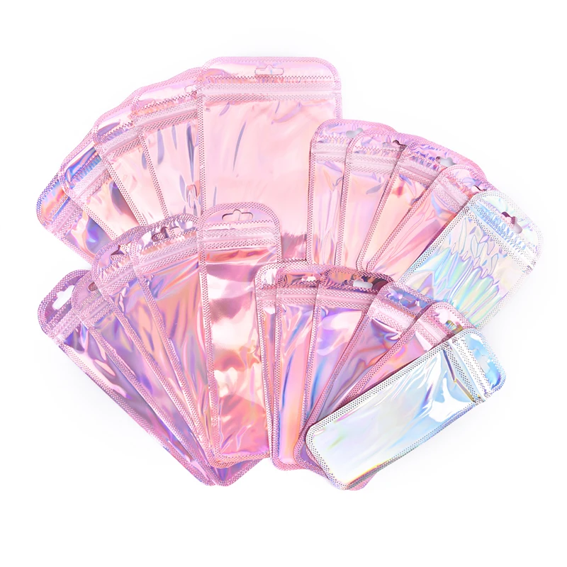 

50pcs 4 Sizes Laser Jewelry Packaging Bag Flat Bath Salt Cosmetic Bag Holographic Mini Earring Ring Necklace Packing Bags Thick