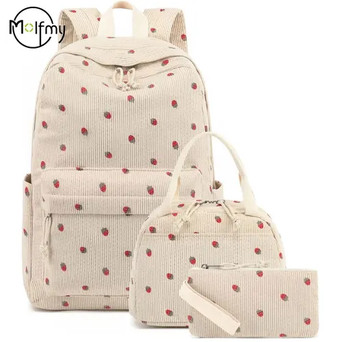 3/juego de mochilas de pana, mochila escolar multifunción de fresa, mochila escolar informal de viaje de gran capacidad para estudiantes ligera para uso diario