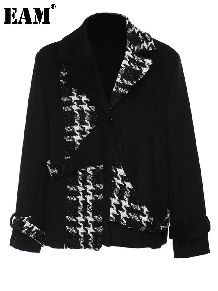 

[EAM] Black Plaid Spliced Big Size Casual Thick Jacket New Lapel Long Sleeve Women Coat Fashion Tide Autumn Winter 2024 1DH5639