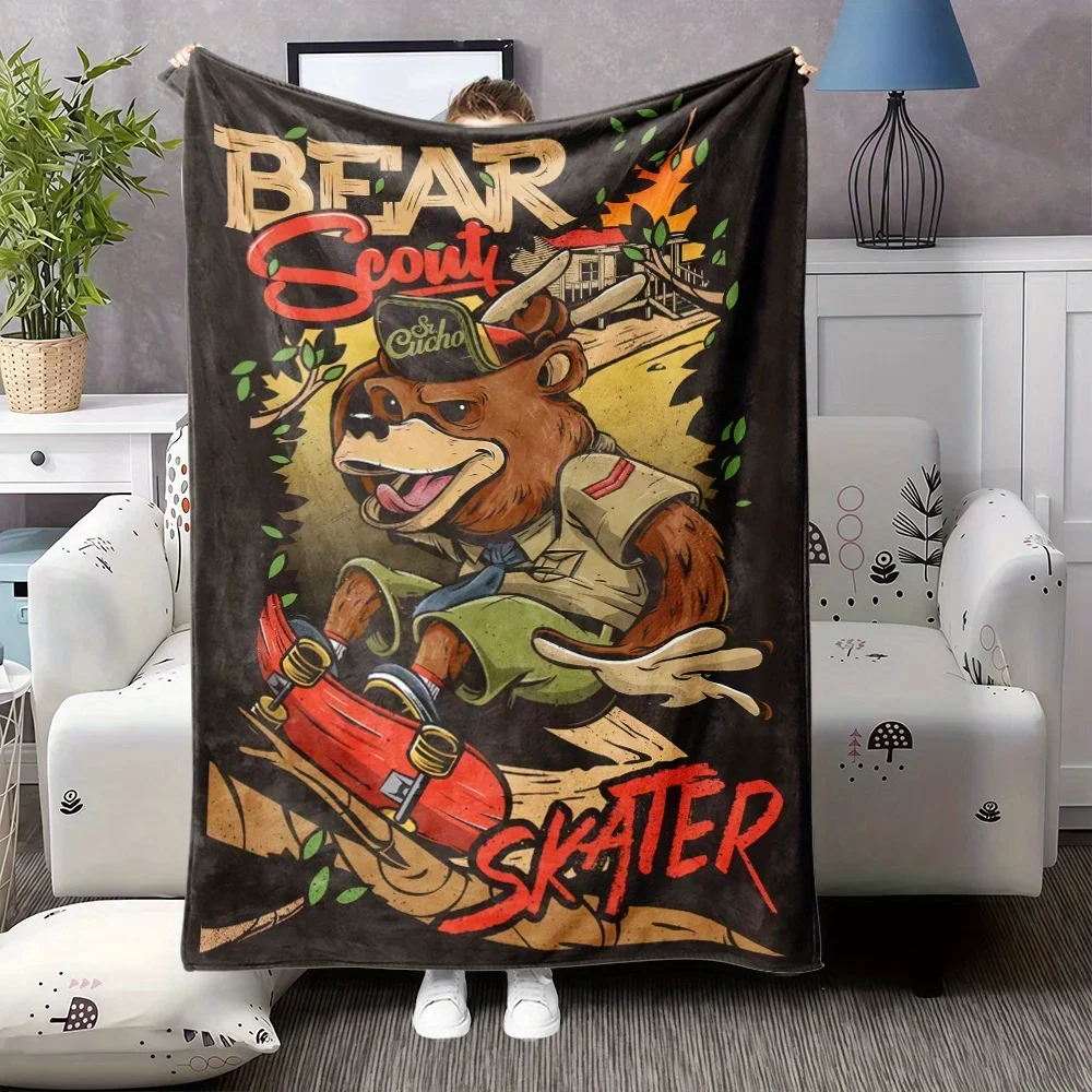 

Плед из фланели с принтом медведя-скейтбордиста, мягкое уютное покрывало с милыми отпечатками лапок, всесезонное для дивана и кровати