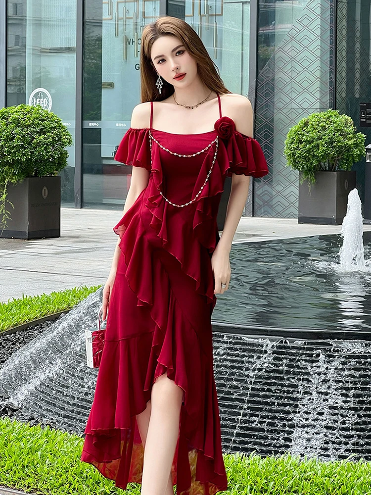 

Summer Vintage Vacation Holiday Dress Women Clothes Mujer Elegant Ruffle Sexy Strap Slim Party Club Birthday Vestidos Robe Femme