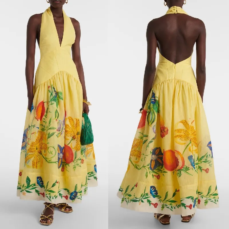 

Sexy Backless Women Boho Vacation Party Dress 2025 Summer New Sleeveless Deep V-neck A-line Big Swing Yellow Print Long Dresses
