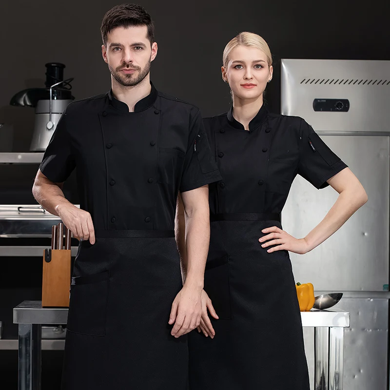 Heren Chef-Kok Uniform Schort Met Korte Mouwen Zomer Chef-Koksbroek Jasje Ademende Chef Jas Restaurant Keuken Zwart Werkkleding Logo