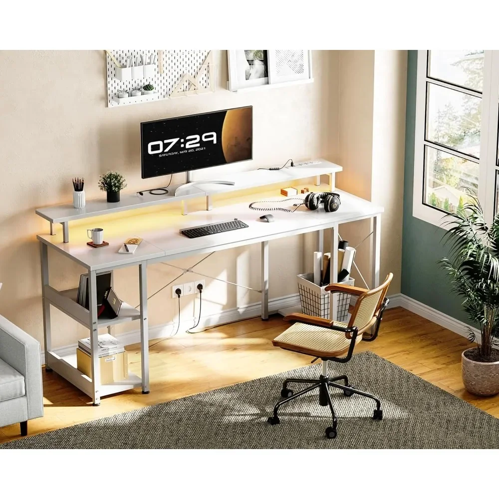 63 inch Computer Desk with Power Outlets & LED Lights, Gaming Desk with Monitor Stand & Storage Sheves, Home Office Desk