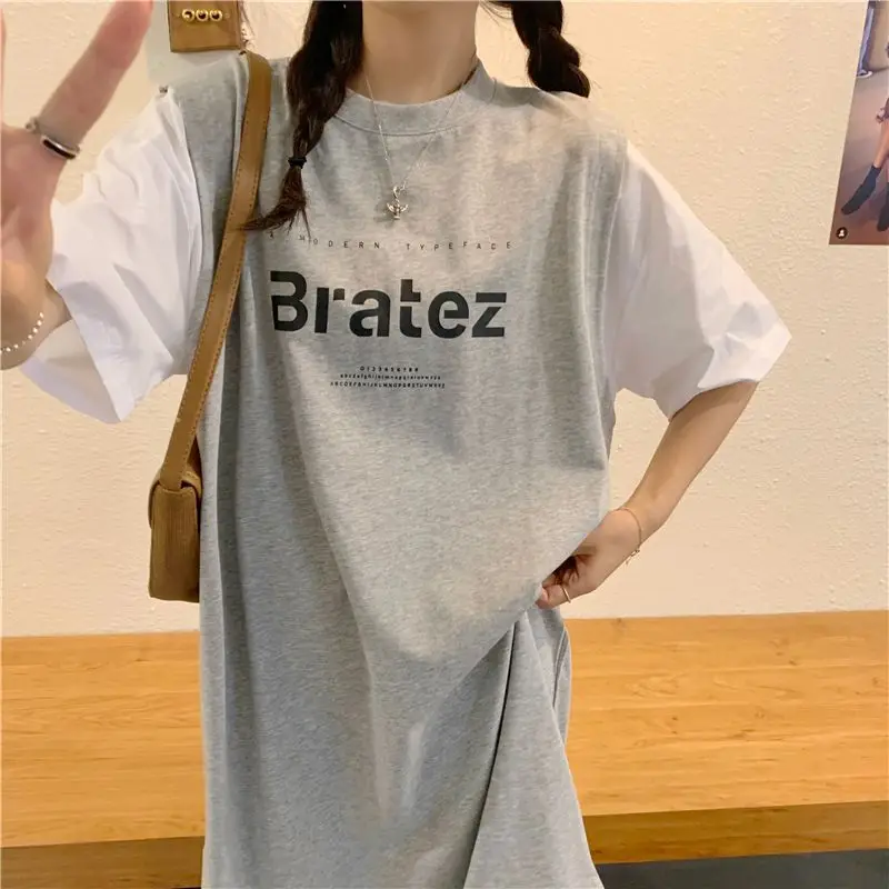 Oversized Women's Clothing Casual Korean Printing O-neck Short Sleeve Tshirt Dress Female Loose Letter Mid Length Top T-Shirt