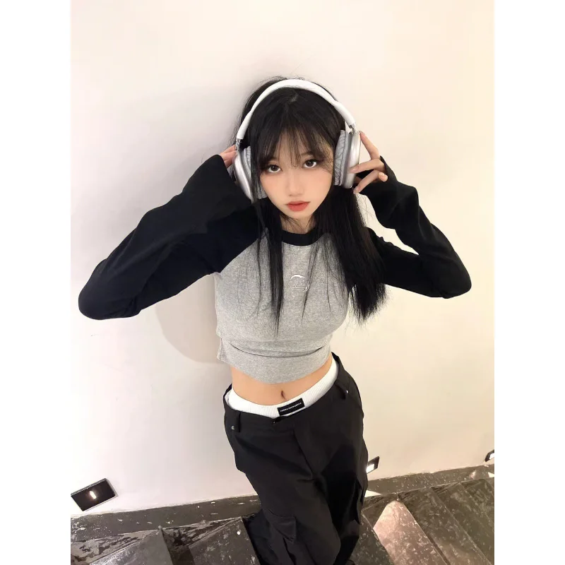 Deeptown Y2k Vintage Crop Top Long Sleeve T-Shirts Women Autumn Korean Fashion Harajuku Kpop Aesthetic Gyaru Tees Patchwork Sexy