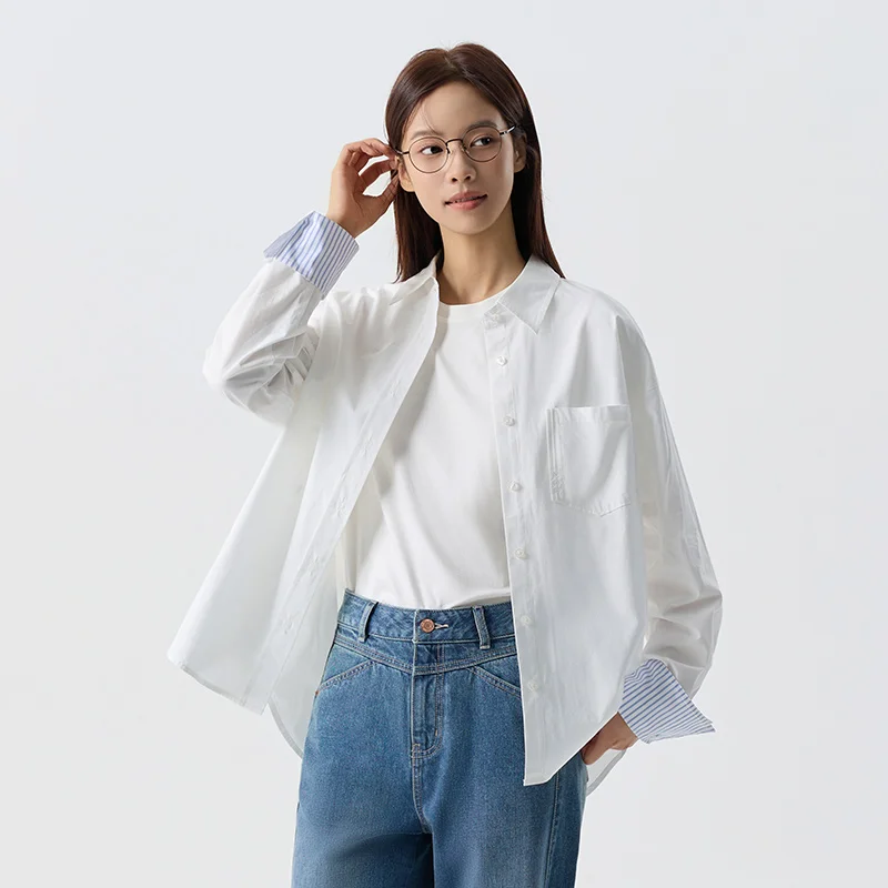 Semir 2024 Long-Sleeved Shirt Women Mid-Length Oversize Splicing Temperament Spring New Pure Cotton Shirts For Women